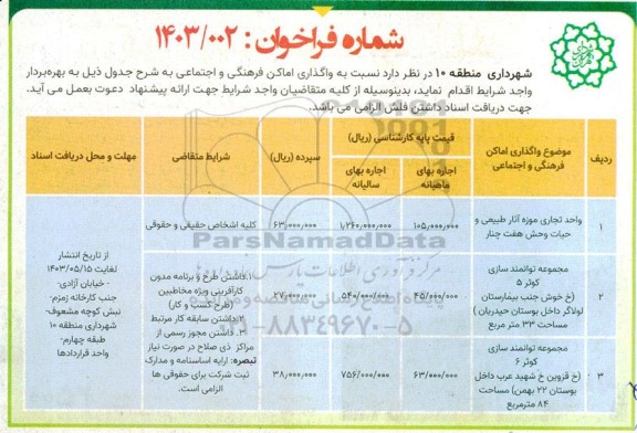 مزایده واگذاری اماکن فرهنگی و اجتماعی