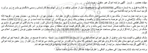 مزایده فروش شش دانگ یک باب ساختمان