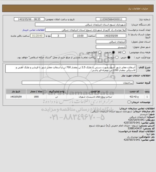 استعلام آسفالت معابر شهر تسوج بصورت دستی با غلتک 2.5 تن بمقدار 700 تن و آسفالت معابر شهر با فینشر و غلتک آهنی و لاستیکی بمقدار 1200 تن بهمراه قیر پاشی