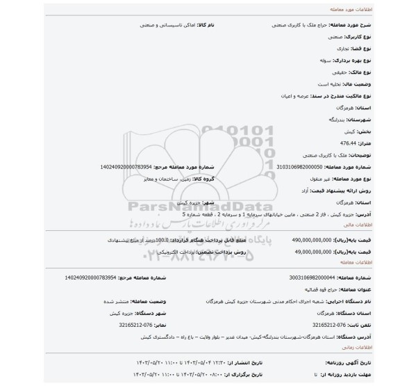 مزایده، ملک با کاربری صنعتی