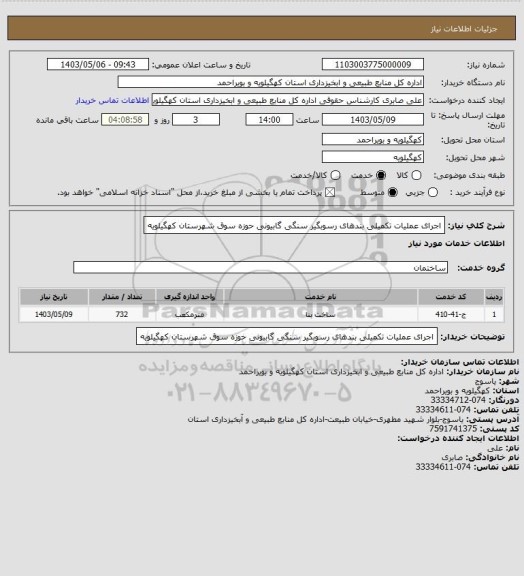 استعلام اجرای عملیات تکمیلی بندهای رسوبگیر سنگی گابیونی حوزه سوق شهرستان کهگیلویه