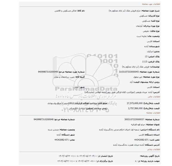 مزایده، فروش ملک (در ازای محکوم به)