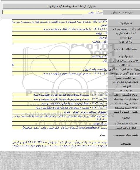 مناقصه, بیمه حوادث ناشی از برق مشترکین خانگی و تجاری(سایر مصارف) صنعت برق در سال ۱۴۰۳