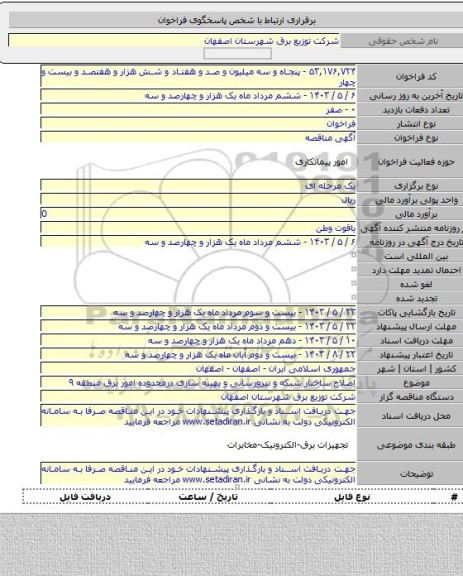 مناقصه, اصلاح ساختار شبکه و نیرورسانی و بهینه سازی درمحدوده امور برق منطقه ۹