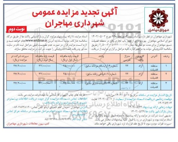 تجدید مزایده بهره برداری از چهار باب تجاری - نوبت دوم
