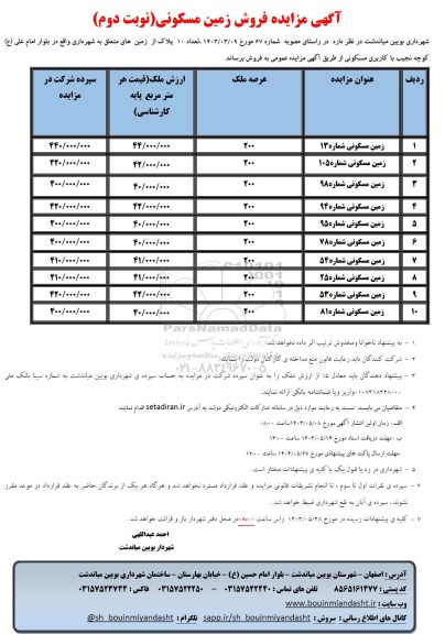 مزایده فروش تعداد 10 پلاک از زمین های متعلق به شهرداری با کاربری مسکونی- نوبت دوم