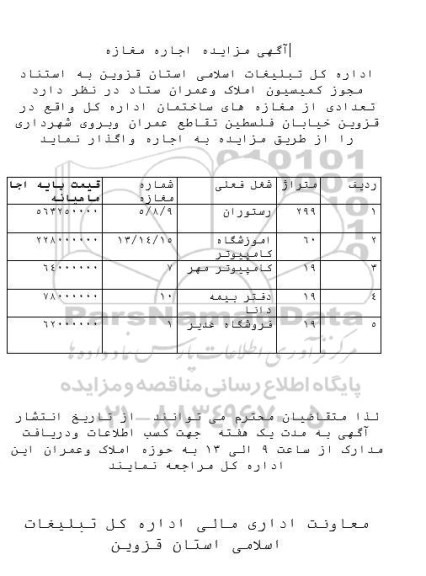 آگهی مزایده اجاره مغازه