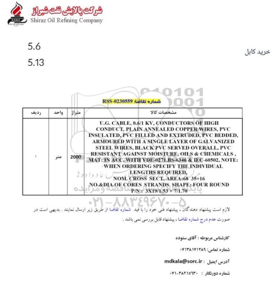 استعلام U.G. CABLE, 0.6/1 KV, CONDUCTORS....