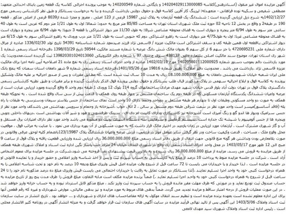 آگهی مزایده : ششدانگ یک قطعه آپارتمان به پلاک ثبتی 15987 فرعی از 123 اصلی ، مفروز و مجزا شده از8039 فرعی از اصلی