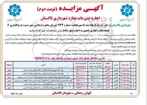 مزایده اجاره شش باب مغازه نوبت دوم