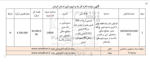 مزایده فراخوان اجاره یک قطعه زمین با کاربری شستوشوی دانه بندی مصالح