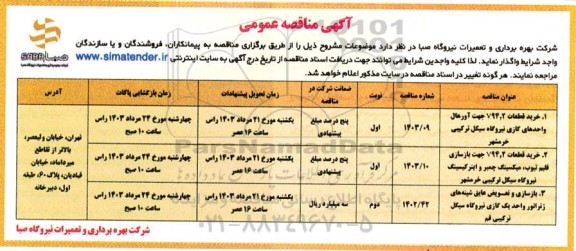 مناقصه عمومی خرید قطعات v94.2 جهت اورهال واحدهای گازی نیروگاه....