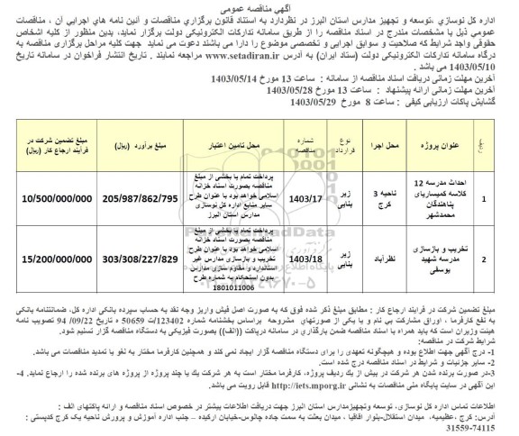 مناقصه احداث مدرسه 12 کلاسه کمیساریای پناهندگان ....