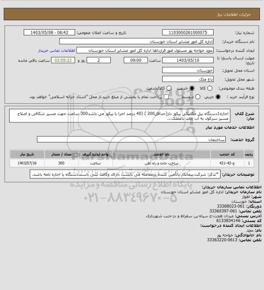 استعلام اجاره1دستگاه بیل مکانیکی پیکور دار(حداقل200 ) (40 درصد اجرا با پیکور می باشد300 ساعت جهت  مسیر شکافی و اصلاح مسیر سرکول به آب چات باغملک...