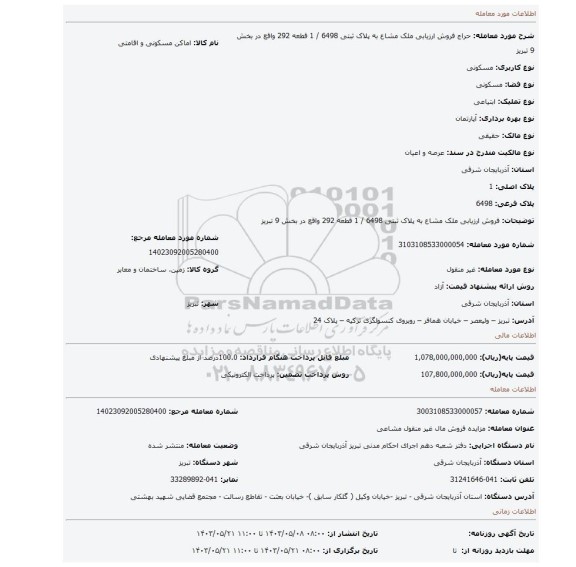 مزایده، فروش ارزیابی ملک مشاع به پلاک ثبتی 6498 / 1 قطعه 292 واقع در بخش 9 تبریز