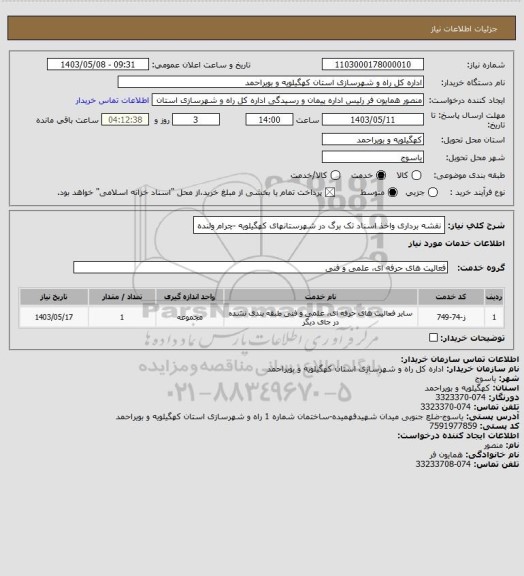استعلام نقشه برداری واخذ اسناد تک برگ در شهرستانهای کهگیلویه -چرام ولنده
