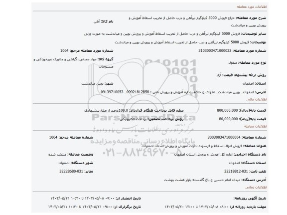 مزایده، فروش 5000 کیلوگرم تیرآهن و درب حاصل از تخریب اسقاط آموزش و پرورش بویین و میاندشت