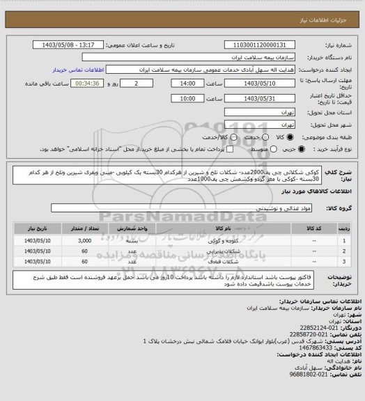 استعلام کوکی شکلاتی چی پف2000عدد- شکلات تلخ و شیرین از هرکدام 30بسته یک کیلویی -مینی ویفری شیرین وتلخ از هر کدام 30بسته  -کوکی با مغز گردو وکشمش چی پف1000عدد