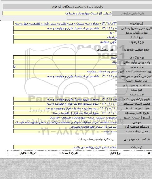 مناقصه, تجدید مناقصه اجرای عملیات شبکه و انشعابات پراکنده در سطح شهرستان فارسان