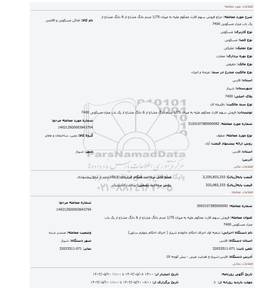 مزایده، فروش سهم الارث محکوم علیه به میزان 1/75 صدم دانگ مشاع از 6 دانگ مشاع از یک باب منزل مسکونی 7400