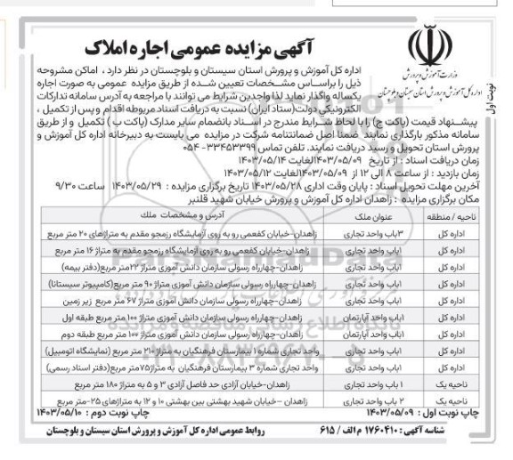 مزایده عمومی اجاره املاک 