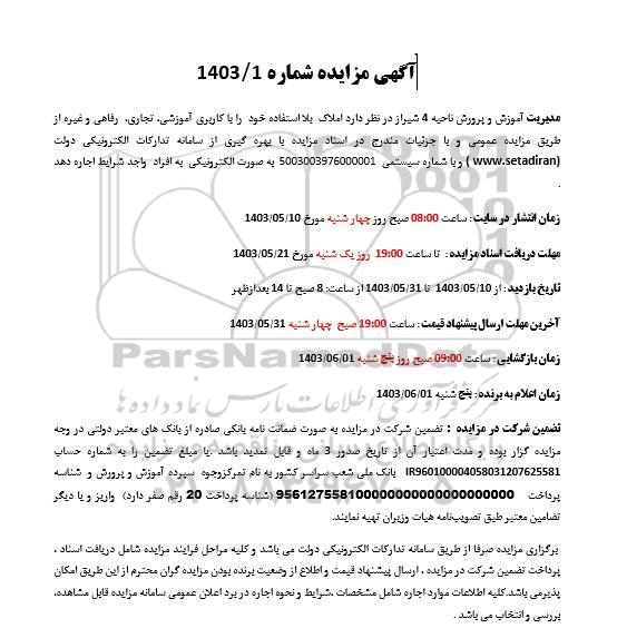 مزایده اجاره املاک بلااستفاده با کاربری آموزشی، تجاری، رفاهی و غیره 