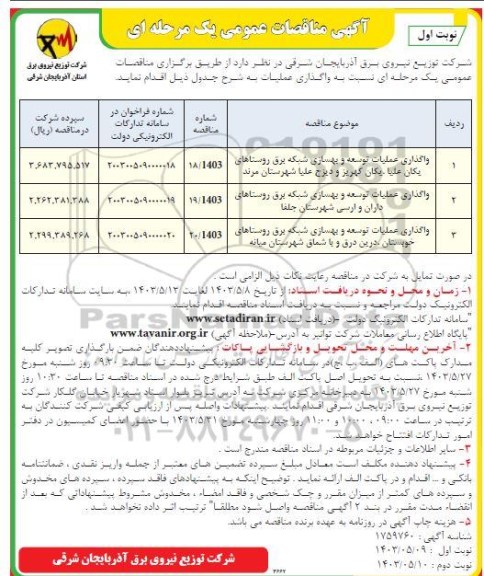 مناقصه واگذاری عملیات توسعه و بهسازی شبکه برق...