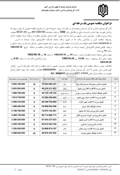 فراخوان مناقصه تکمیل استخر و موتورخانه دبستان قائم و ...