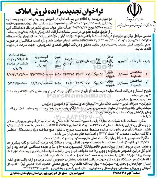 مزایده فروش املاک با کاربری مسکونی تجدید نوبت دوم
