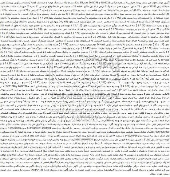آگهی مزایده قدار2/1 دانگ مشاع از6 ششدانگ عرصه و اعیان یک قطعه آپارتمان مسکونی نوع ملک طلق به پلاک ثبتی 33186 فرعی از 72 اصلی