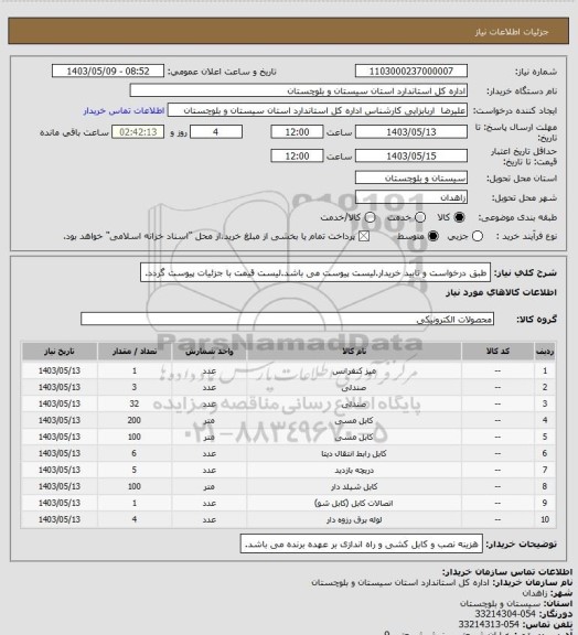 استعلام طبق درخواست و تایید خریدار.لیست پیوست می باشد.لیست قیمت با جزئیات پیوست گردد.