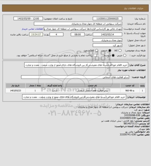 استعلام خرید اقلام خوراکی(بسته های معیشتی)از بین فروشگاه های دارای مجوز از وزارت صنعت ، معدن و تجارت