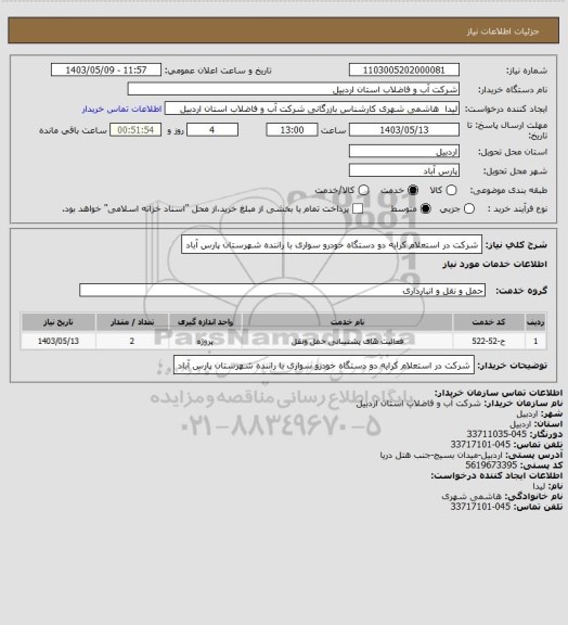 استعلام شرکت در استعلام کرایه دو دستگاه خودرو سواری با راننده شهرستان پارس آباد