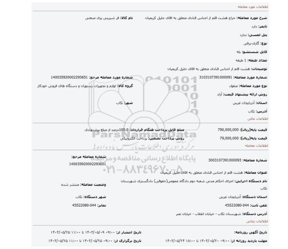 مزایده، هشت قلم از اجناس قنادی متعلق به اقای جلیل کریمیان