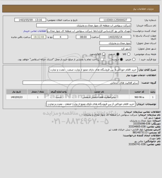 استعلام خرید اقلام خوراکی از بین فروشگاه های دارای مجوز از وزارت صنعت ، معدن و تجارت