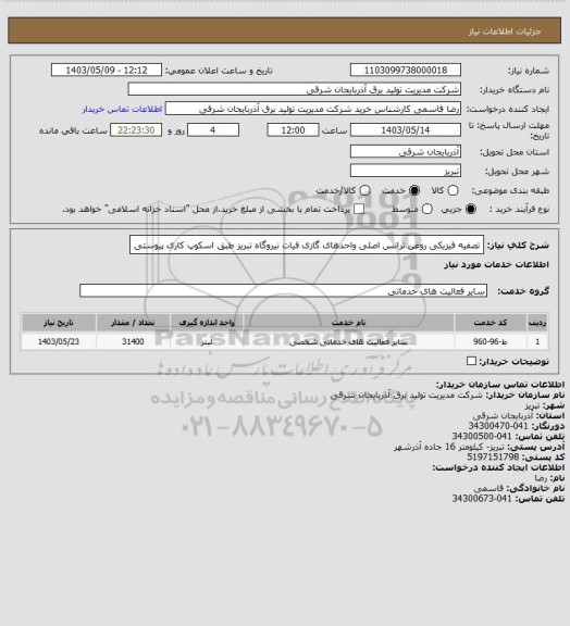 استعلام تصفیه فیزیکی روغن ترانس اصلی واحدهای گازی فیات نیروگاه تبریز طبق اسکوپ کاری پیوستی