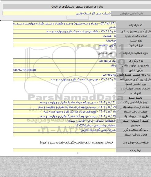 مناقصه, عملیات پشتیبانی ستاد ۱۴۰۳/۱۵