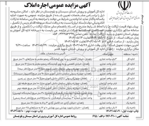 آگهی مزایده عمومی اجاره املاک ​​​​​​​نوبت دوم 