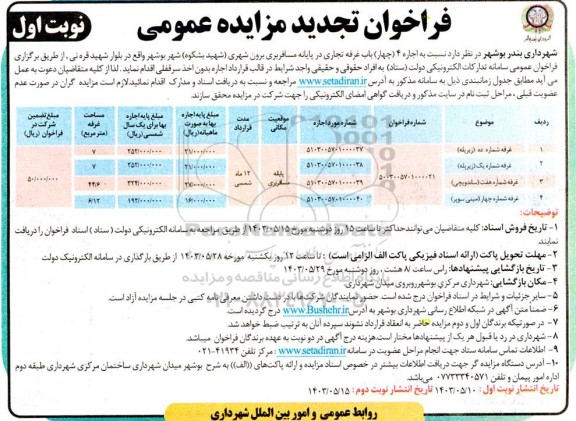 تجدید مزایده اجاره 4 (چهار) باب غرفه تجاری