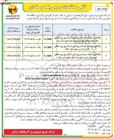 مناقصه واگذاری عملیات توسعه و بهسازی شبکه برق...نوبت دوم 