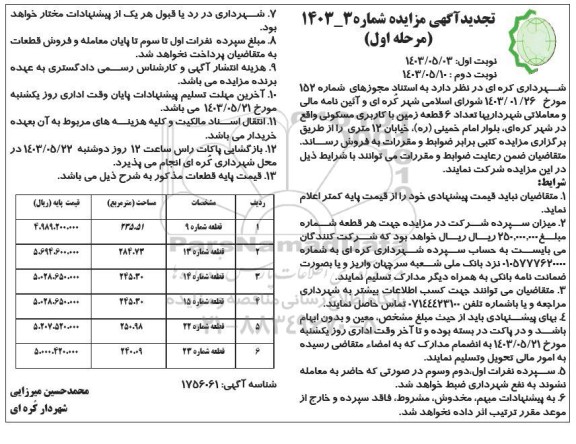 تجدید مزایده فروش تعداد 6 قطعه زمین با کاربری مسکونی / نوبت دوم