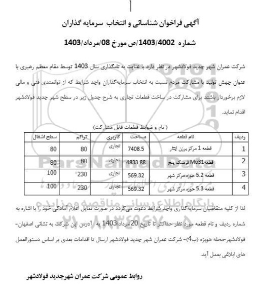 فراخوان شناسائی و انتخاب سرمایه گذاران جهت ساخت قطعات تجاری