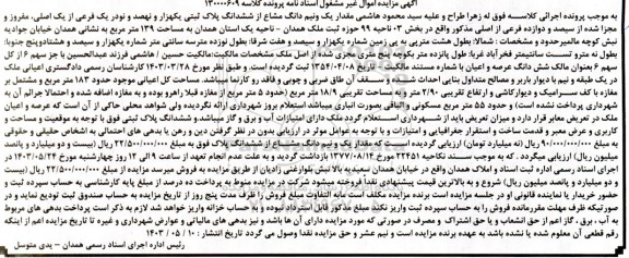 مزایده یک و نیم دانگ مشاع از ششدانگ پلاک ثبتی یکهزار و نهصد و نود و یک فرعی از یک اصلی به مساحت 139 مترمربع 