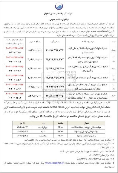 مناقصه عمومی عملیات لوله گذاری شبکه فاضلاب علی آباد قسمت ششم...
