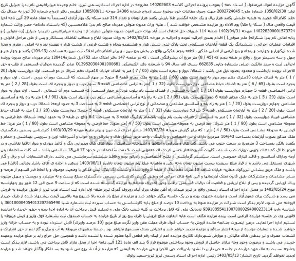 آگهی مزایده ششدانگ یک قطعه آپارتمان مسکونی تحت پلاک ثبتی شش هزار و هشتصدو پنجاه و هشت فرعی از هشت هزار و نهصدو نود و نه اصلی ، مفروز و مجزا شده ازیکهزار و چهارصد و پنجاه و پنج فرعی از اصلی
