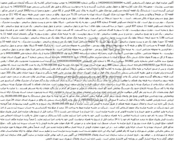 آگهی مزایده ششدانگ یک قطعه آپارتمان مسکونی نوع ملک طلق با کاربری به پلاک ثبتی 638 فرعی از 82 اصلی ، مفروز و مجزا شده از2065 فرعی از اصلی