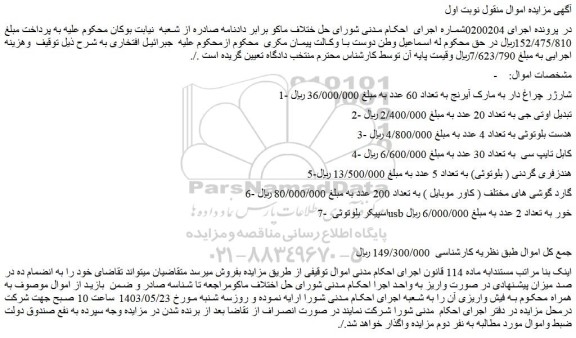 مزایده فروش شارژر چراغ دار به مارک آیرنج به تعداد 60 عدد و...
