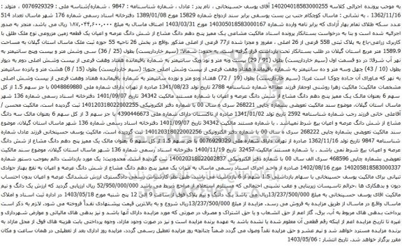 آگهی مزایده پنج دهم دانگ مشاع از شش دانگ عرصه و اعیان یک قطعه زمین مزروعی نوع ملک طلق با کاربری زراعی-باغ به پلاک ثبتی 558 فرعی از 26 اصلی