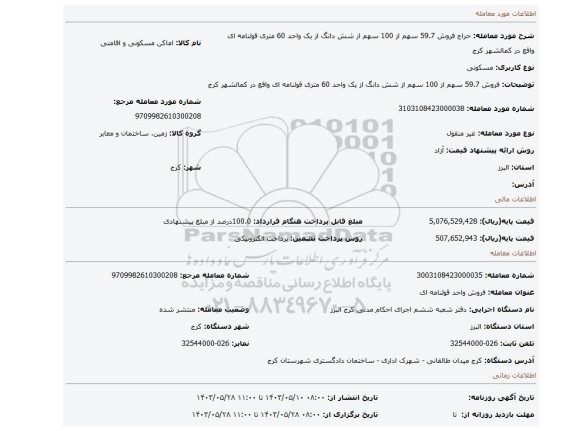 مزایده، فروش 59.7 سهم از 100 سهم از شش دانگ از یک واحد 60 متری قولنامه ای واقع در کمالشهر کرج