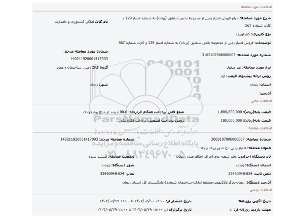 مزایده، فروش امتیاز زمین از مجموعه باغی شقایق (زرنان) به شماره امتیاز 129 و کارت شماره 567